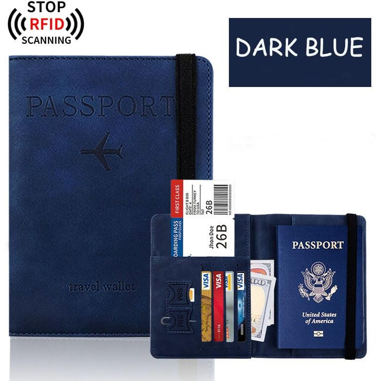 Vogard Slim Leather Travel Passport Wallet Casual Solid Credit Card Holder Money Wallet Id Multifunction Documents Flight License Purse - Deep Blue