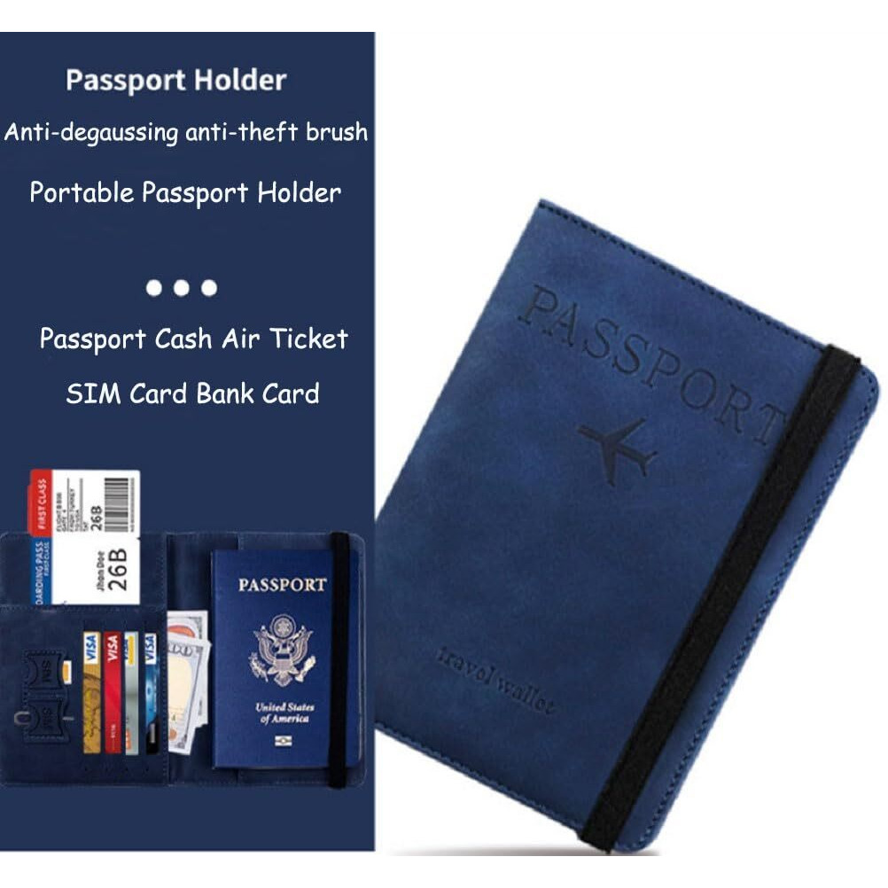 Vogard Slim Leather Travel Passport Wallet Casual Solid Credit Card Holder Money Wallet Id Multifunction Documents Flight License Purse - Deep Blue