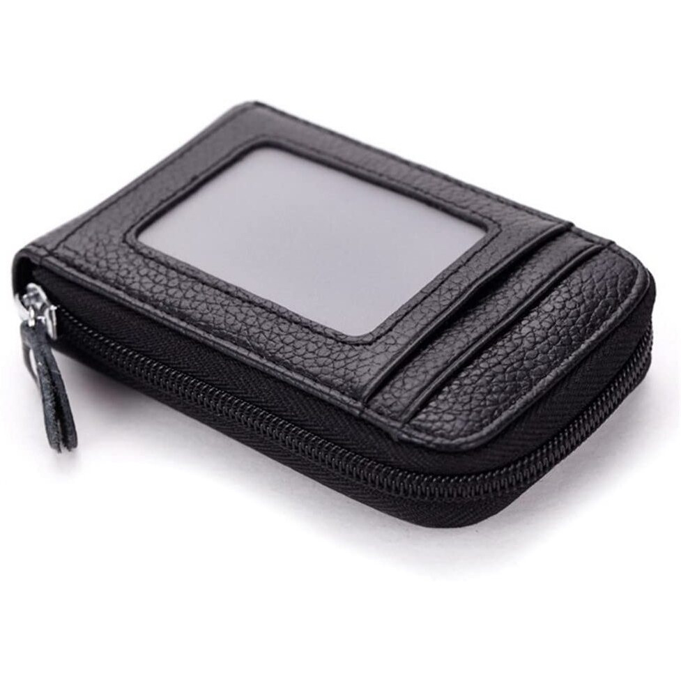 Vogard Premium Leather Slim Zipper Business/Credit Card Case Holder With Clear Photo Slot, Security Travel Wallet (Pop78-Black, Unisex)