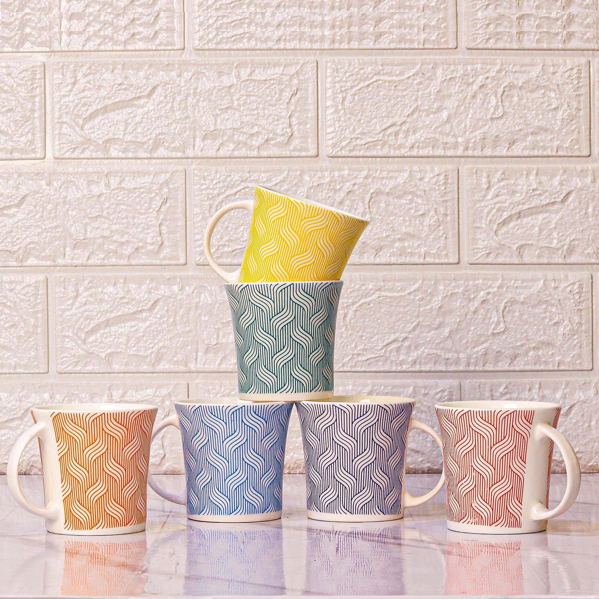 Femora Bamboo Root Pattern Tea Cups, Ceramic Tea Cups, Coffee Mugs (160 Ml) - 6 Pcs Set (Blue)
