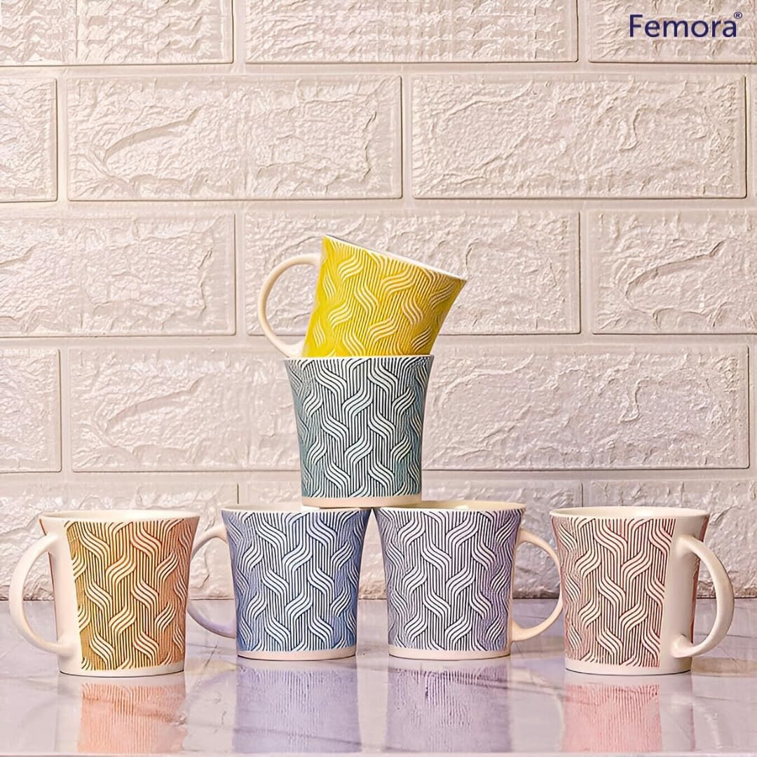 Femora Bamboo Root Pattern Tea Cups, Ceramic Tea Cups, Coffee Mugs (160 Ml) - 6 Pcs Set (Blue)