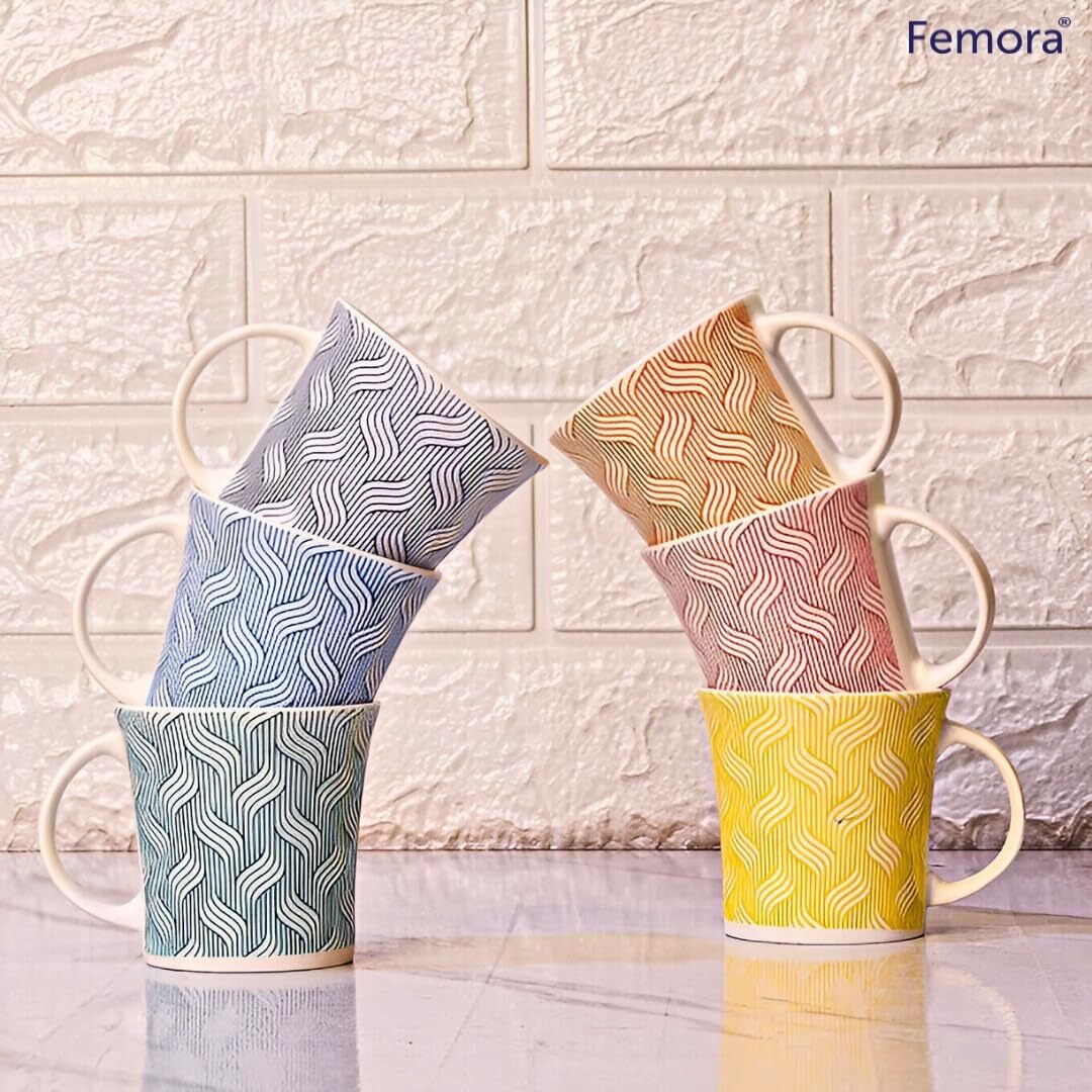 Femora Bamboo Root Pattern Tea Cups, Ceramic Tea Cups, Coffee Mugs (160 Ml) - 6 Pcs Set (Blue)