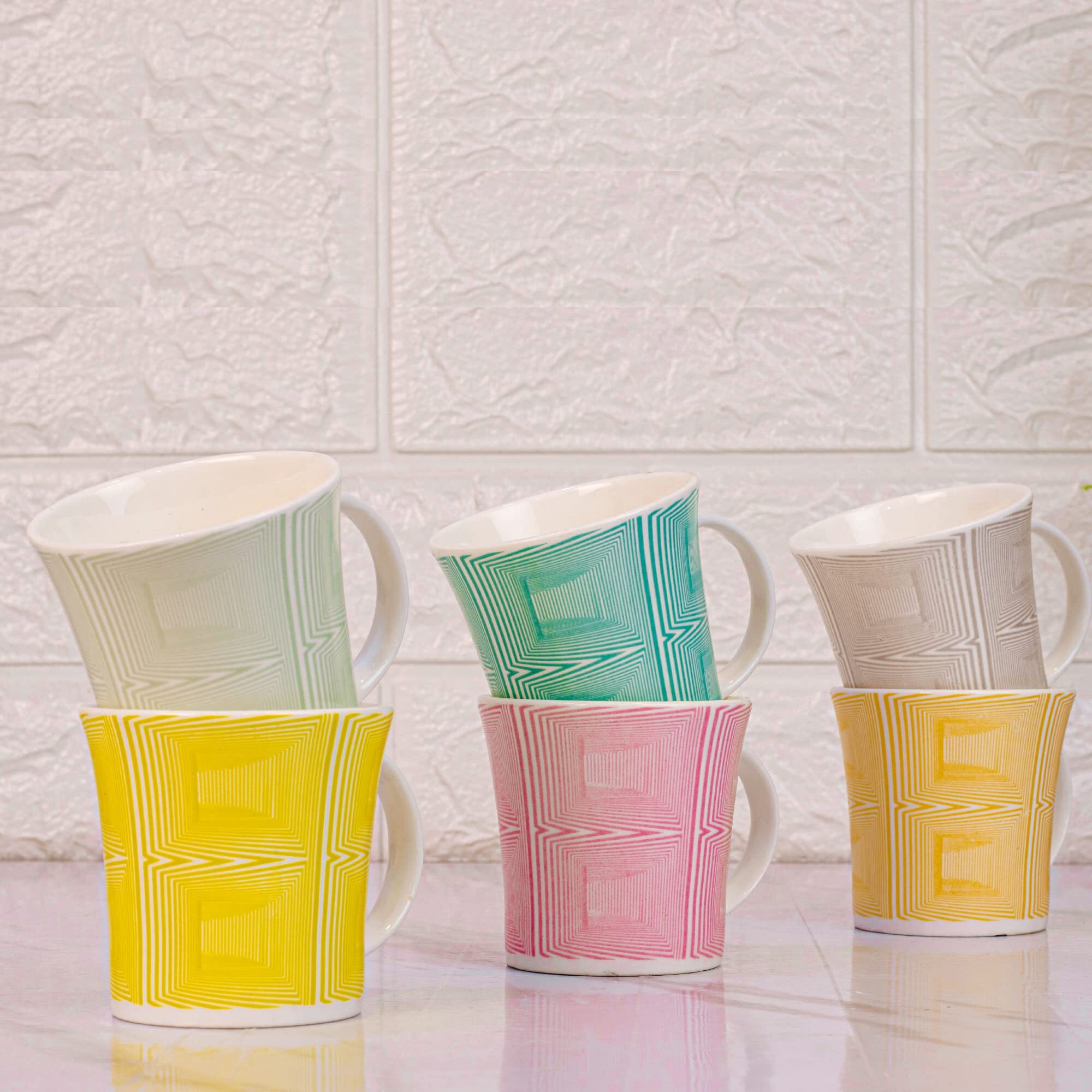 Femora Zig Zag Chevron Pattern Ceramic Tea Cups, Coffee Mugs, 160 Ml, 6 Pcs Set