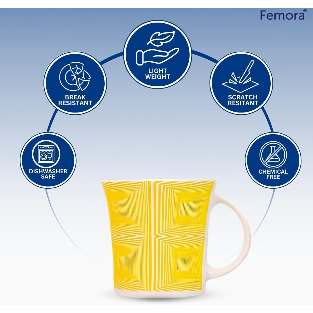 Femora Zig Zag Chevron Pattern Ceramic Tea Cups, Coffee Mugs, 160 Ml, 6 Pcs Set