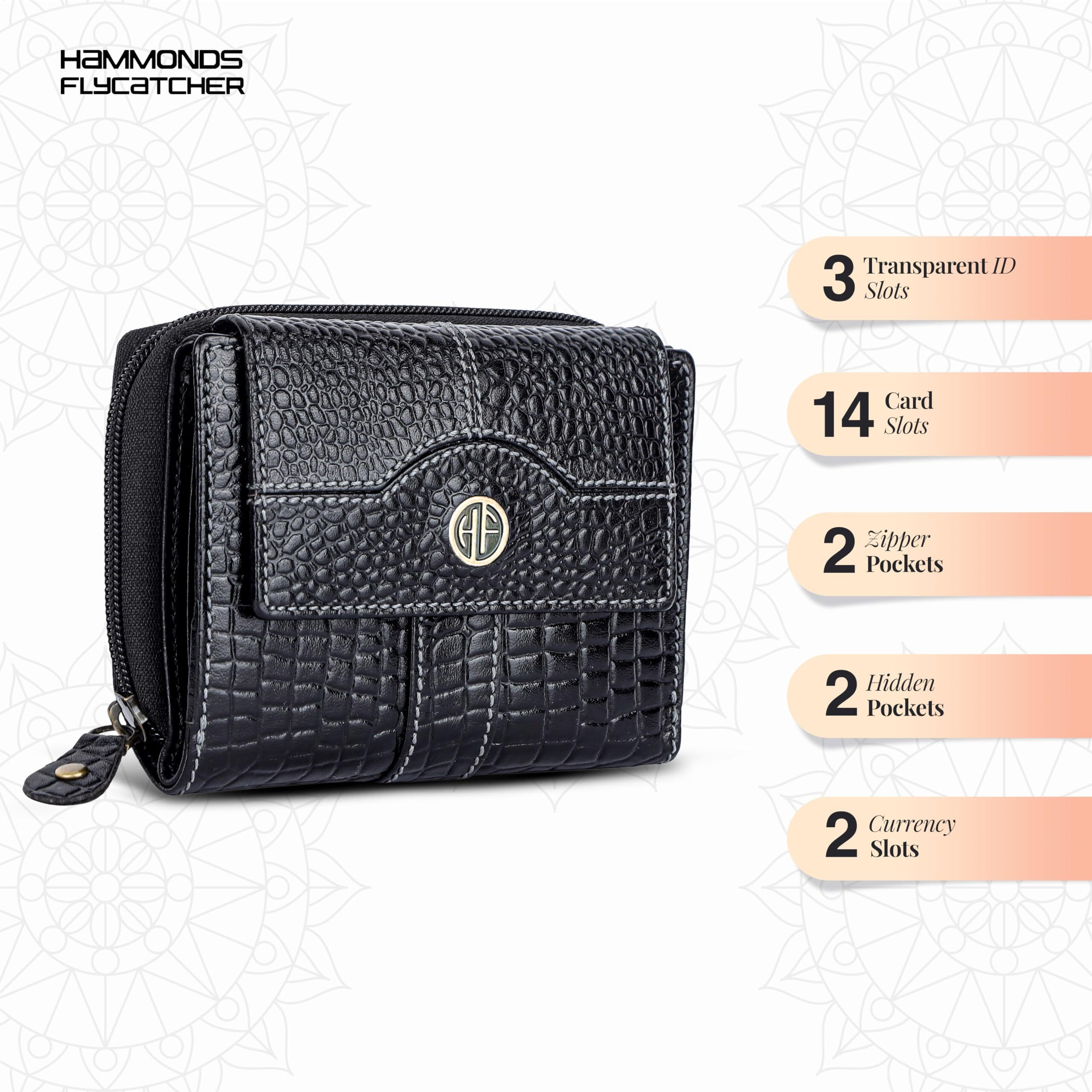 Hammonds Flycatcher Leather Ladies Wallet For Woman With 14 Card Slots - Clutch Purse For Women, Ladies Wallet For Women Stylish, Ladies Purse For Women Wallet, Purse For Woman, Croc Black