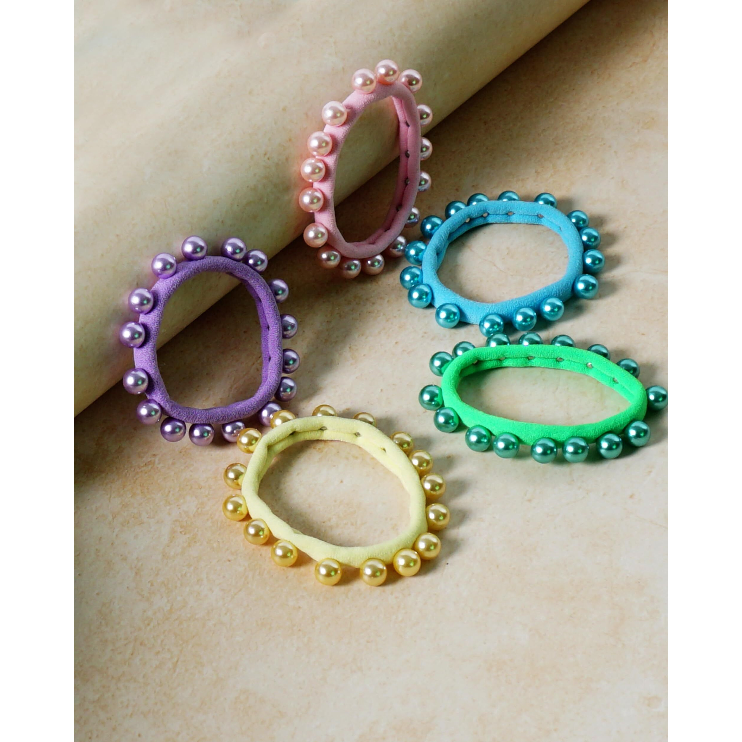 Diversa Pearl Hair Rubber Bands | Cotton Designer Hair Ties For Girls | Fancy Polnytail Holders For Women | Elastic Occassional Hair Bands For Women And Girls (Light Multicolors, Pack Of 10 Pcs)