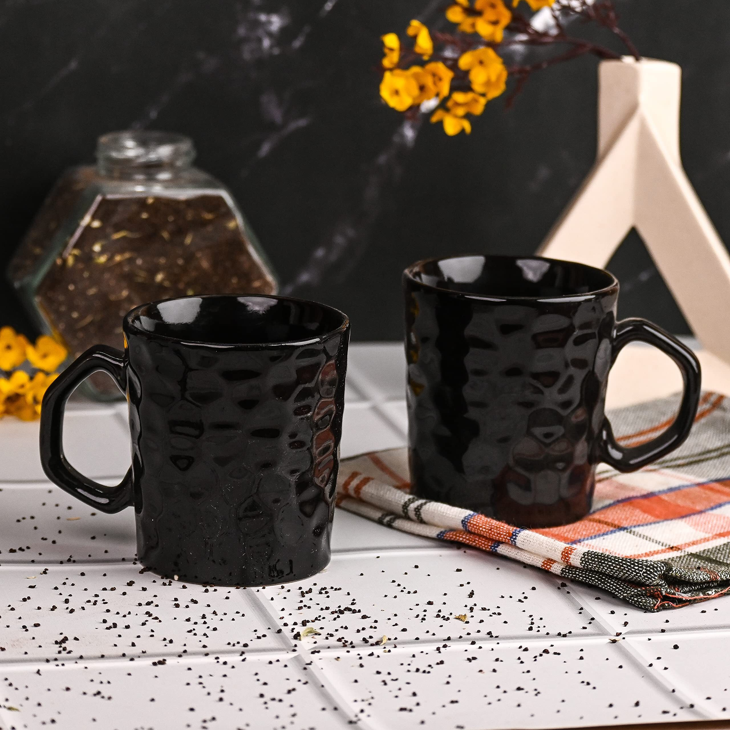 Anwaliya Metis Ceramic Coffee Cups Set | Microwave And Dishwasher Safe Coffee And Tea Mugs, Tea Cup | Chip Resistant, Ceramic Tea Cups Set Ideal For Home And Office Daily Use, Set Of 2 (Black, 300 Ml)