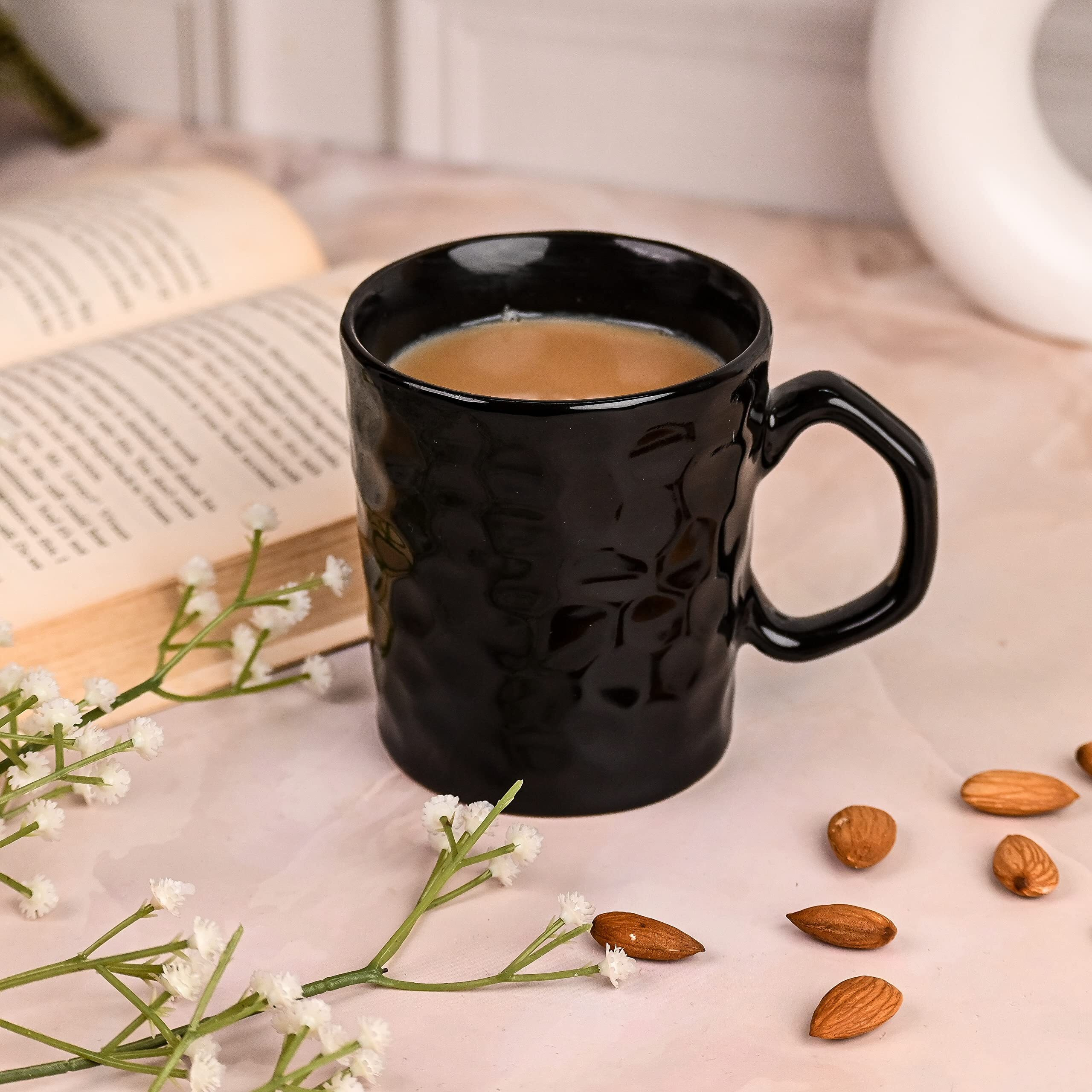 Anwaliya Metis Ceramic Coffee Cups Set | Microwave And Dishwasher Safe Coffee And Tea Mugs, Tea Cup | Chip Resistant, Ceramic Tea Cups Set Ideal For Home And Office Daily Use, Set Of 2 (Black, 300 Ml)