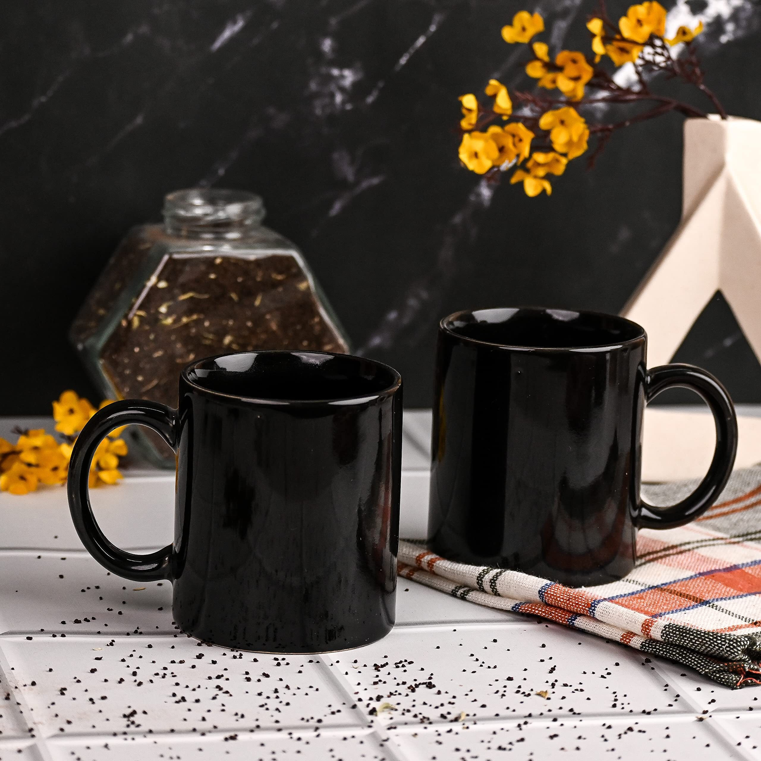 Anwaliya Lyssa Series Ceramic Coffee Mug Set Of 2 (350Ml) Handcrafted Design Tea Cups Stackable, Chip Resistant, Large Serving Green Tea Cups (Black Shine)