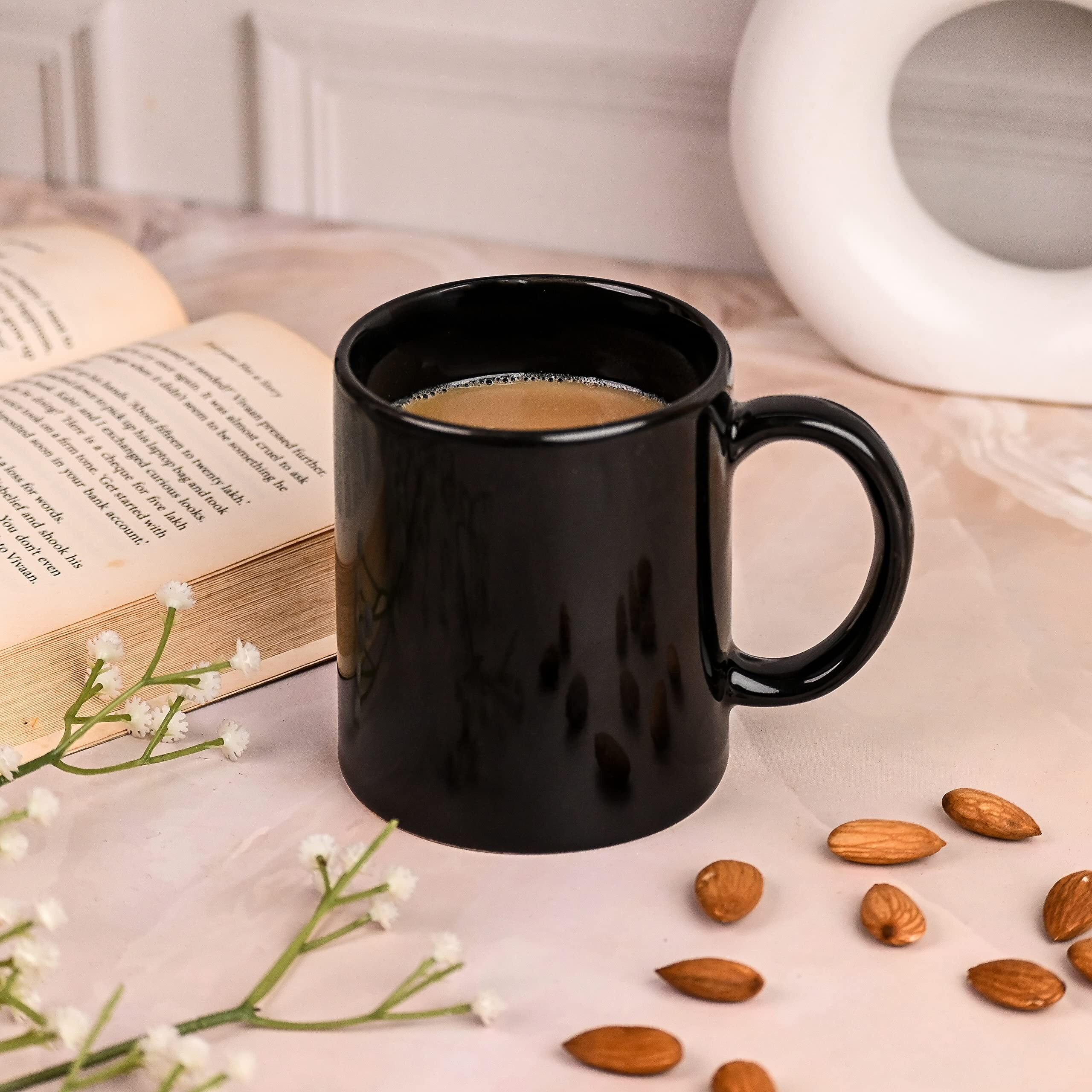Anwaliya Lyssa Series Ceramic Coffee Mug Set Of 2 (350Ml) Handcrafted Design Tea Cups Stackable, Chip Resistant, Large Serving Green Tea Cups (Black Shine)