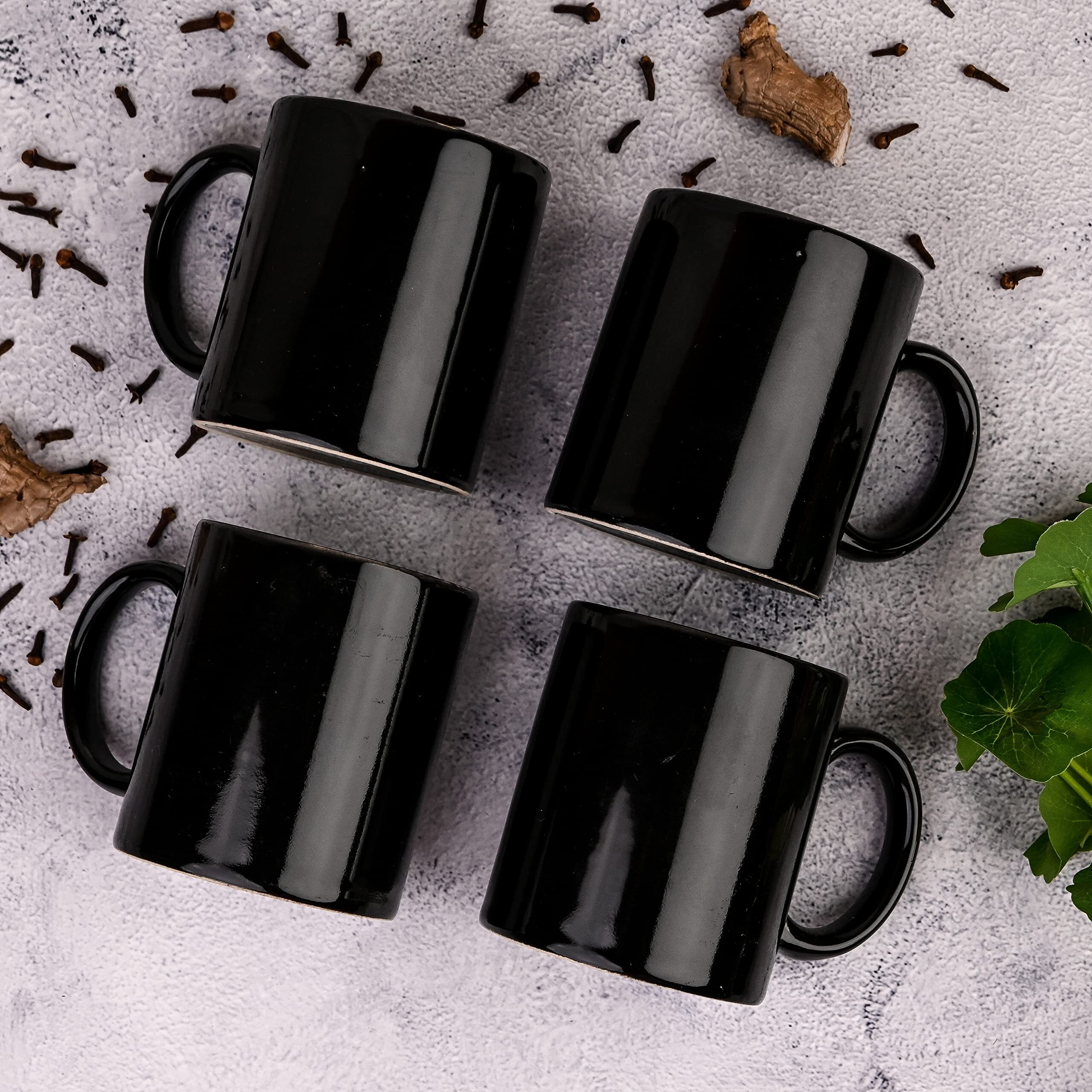 Anwaliya Lyssa Series Ceramic Coffee Mug Set Of 2 (350Ml) Handcrafted Design Tea Cups Stackable, Chip Resistant, Large Serving Green Tea Cups (Black Shine)