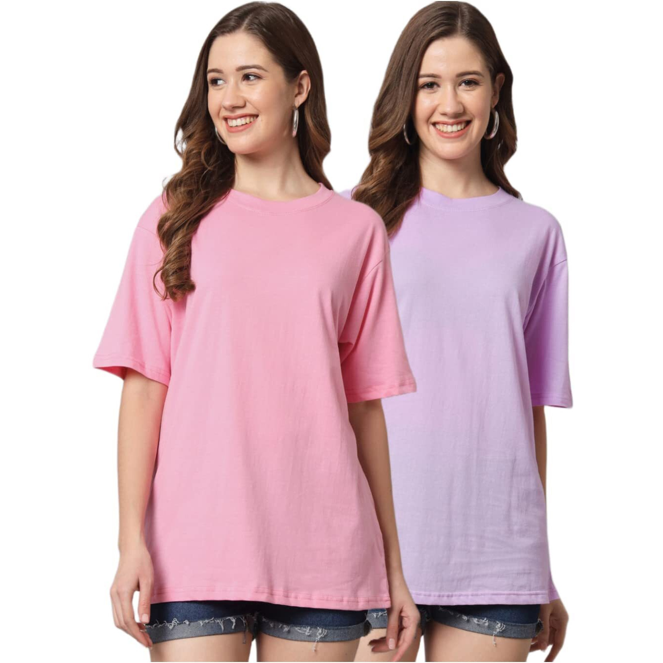 Funday Fashion Cotton Short Sleeve Oversized T-Shirt For Women (Pack Of 2) (Small, Light Pink & Purple)