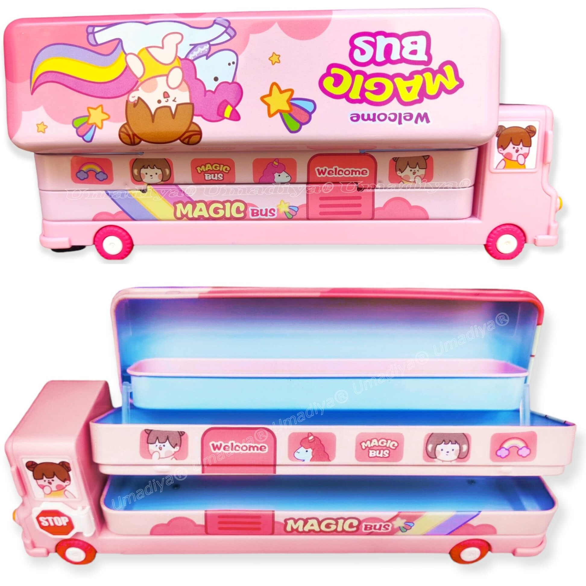 Umadiya Branded Metal Double Decker Bus Shape Pencil Box For Kids With Moving Tyres & 3 Compartments Pencil Case For Boys & Girls - Multi-Color (Toys & Games)