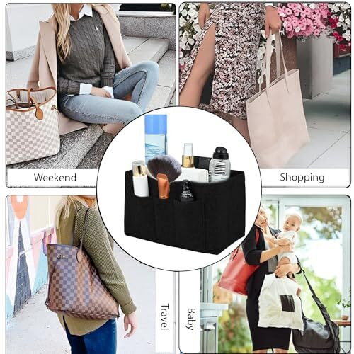 Greensheep Women Felt Purse Organizer Storage Bag For Ladies Handbag Tote Bag Glasses Keys- (Black, Slender L, 13.8X3.35X5.9 Inch)