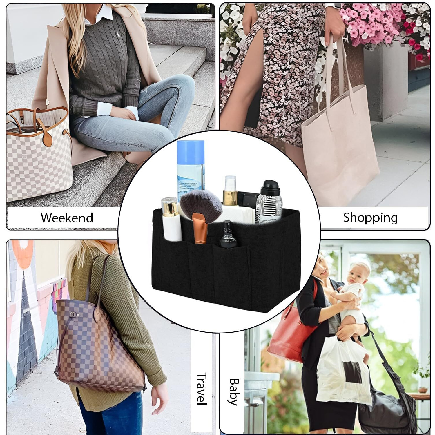 Greensheep Women Felt Purse Organizer Storage Bag For Ladies Handbag Tote Bag Glasses Keys- (Black, Medium, 9.25X5.1X5.9 Inch)