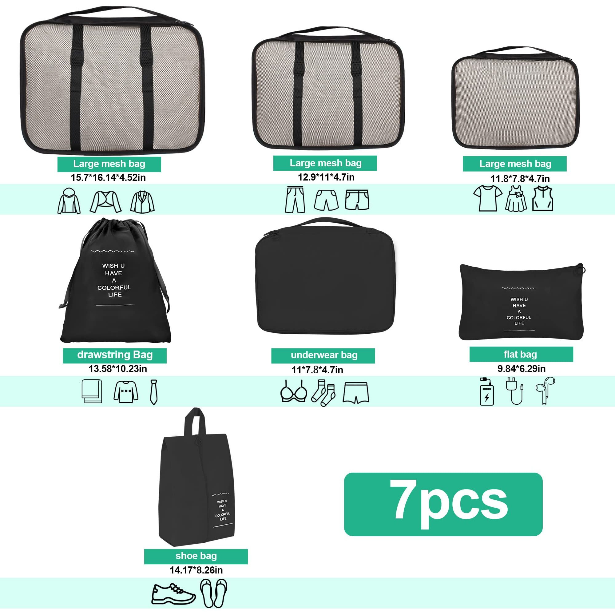 Petrice Travel Organizer 7 Set Travel Organizer Bag 3 Packing Cubes + 3 Pouches + 1 Toiletry Organizer Bag, (Black)