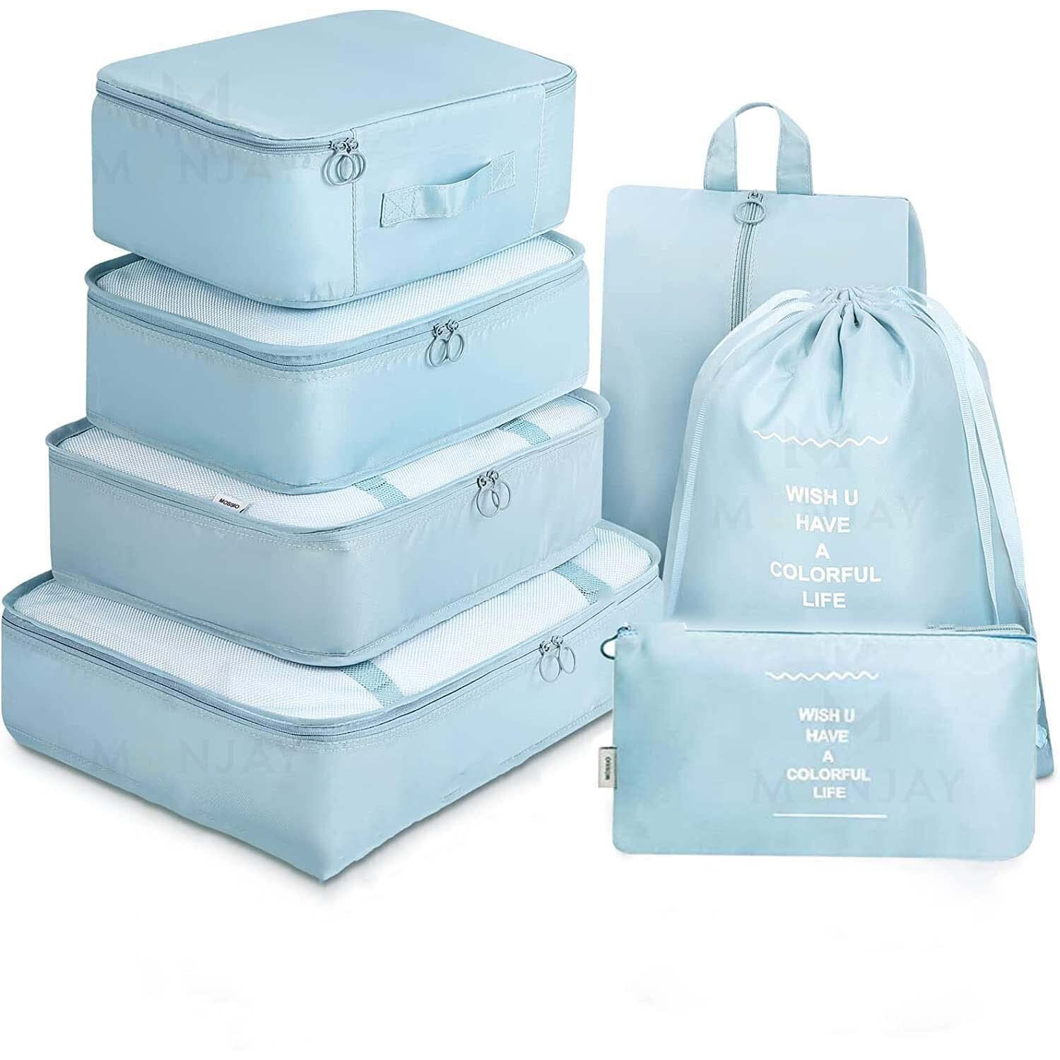 Monjay 7Pcs Set Travel Organizer Packing Cubes Lightweight Travel Luggage Organizers With Laundry Bag Or Toiletry Bag Laundry Organiser (7 Pcs, Korea Blue), Polyester