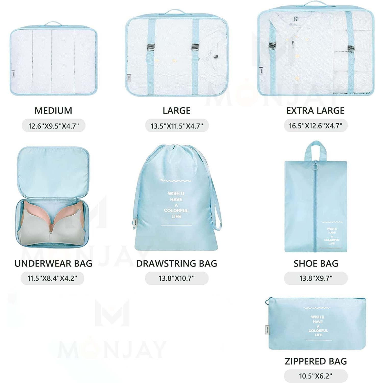 Monjay 7Pcs Set Travel Organizer Packing Cubes Lightweight Travel Luggage Organizers With Laundry Bag Or Toiletry Bag Laundry Organiser (7 Pcs, Korea Blue), Polyester