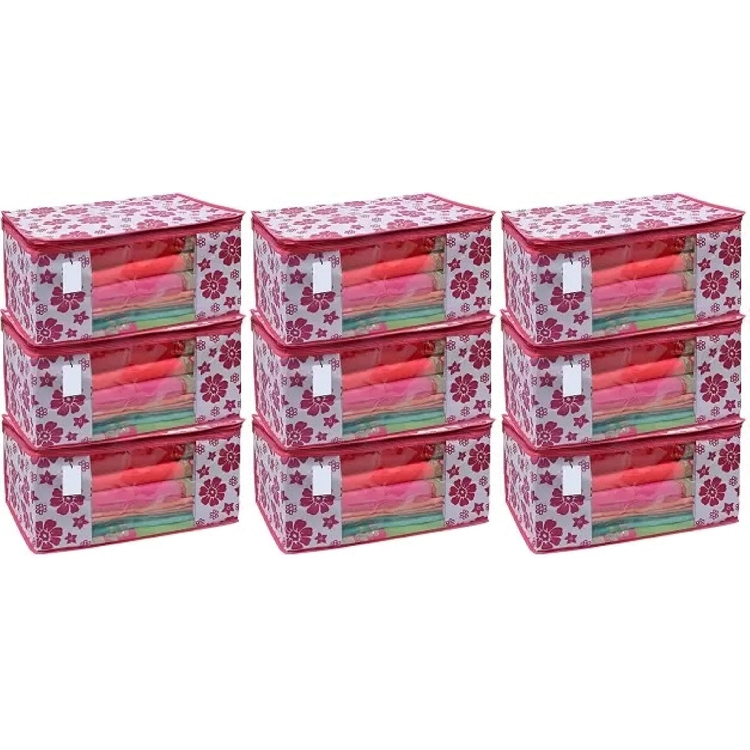 Acnos Premium Brand Metalic Pink Chain Flower Design 9 Piece Non Woven Large Size Saree Cloth Cover Set Pack Of 9 Pink And White