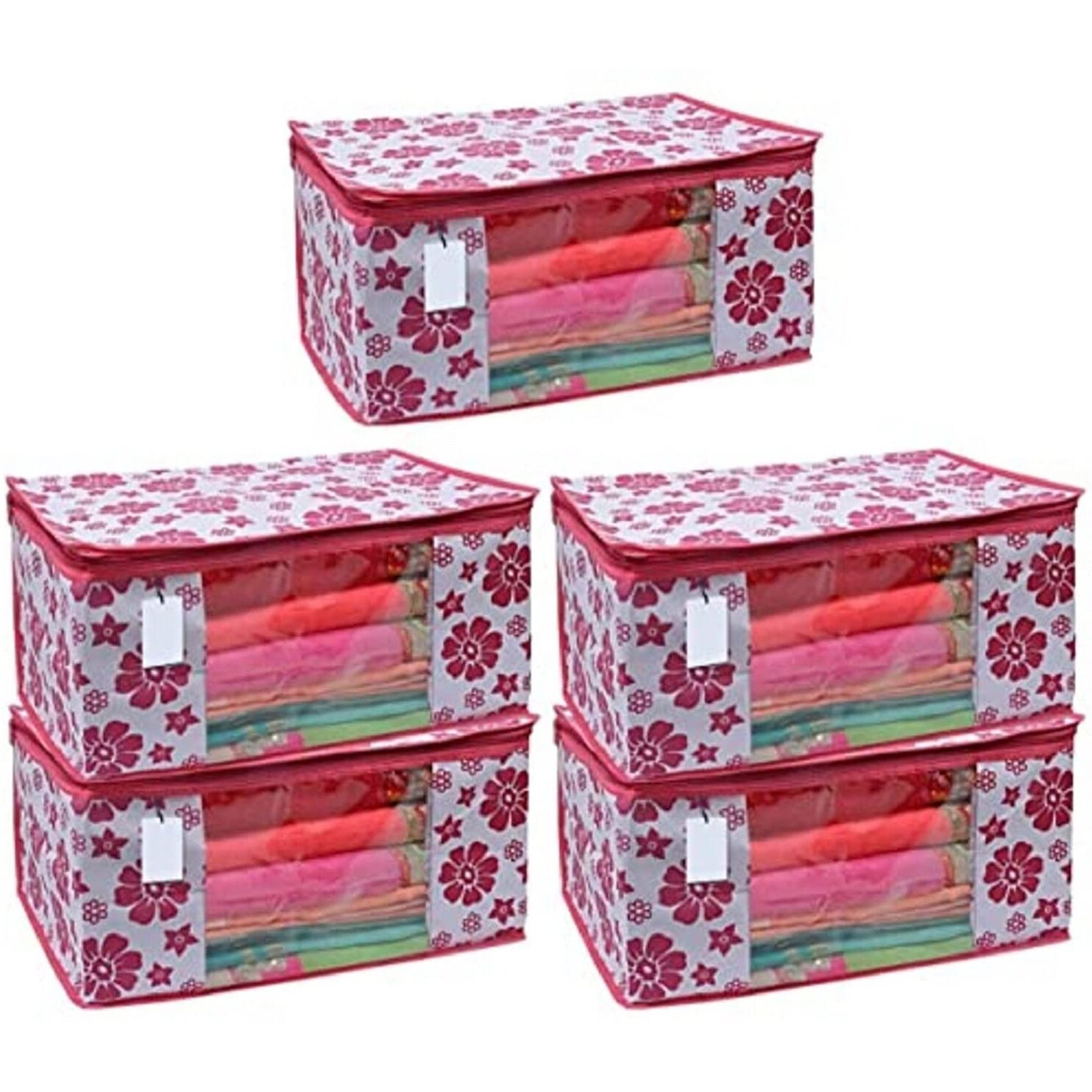 Acnos Premium Brand Metalic Pink Chain Flower Design 5 Piece Non Woven Large Size Saree Cloth Cover Set Pack Of 5 Pink And White