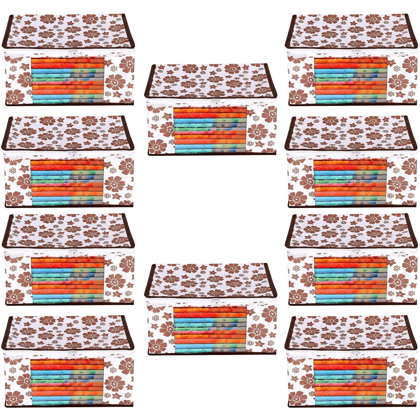 Acnos Premium Brand Metalic Brown Design White Chain 12 Piece Non Woven Large Size Saree Cloth Cover Set Pack Of 10