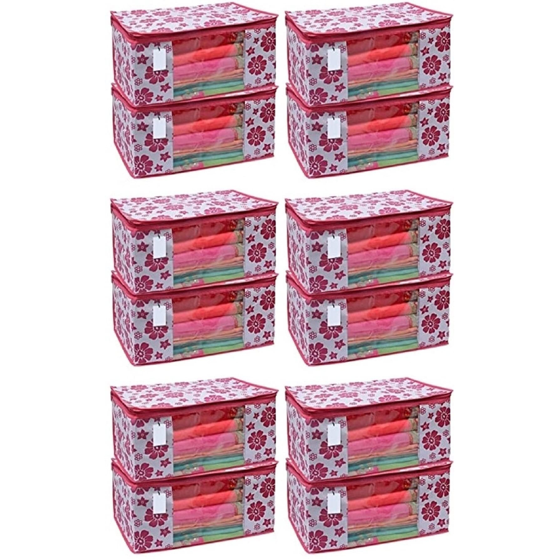Acnos Premium Brand Metalic Pink Chain Flower Design 12 Piece Non Woven Large Size Saree Cloth Cover Set Pack Of 12 Pink And White