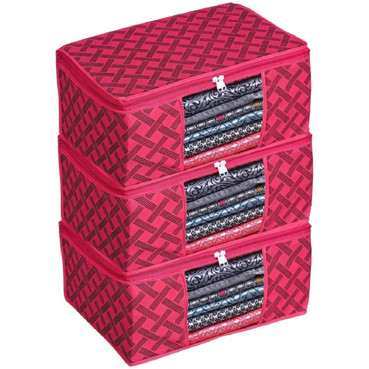 Acnos Premium Brand Metalic Pink Design Pink Chain 12 Piece Non Woven Large Size Saree Cloth Cover Set Pack Of 3