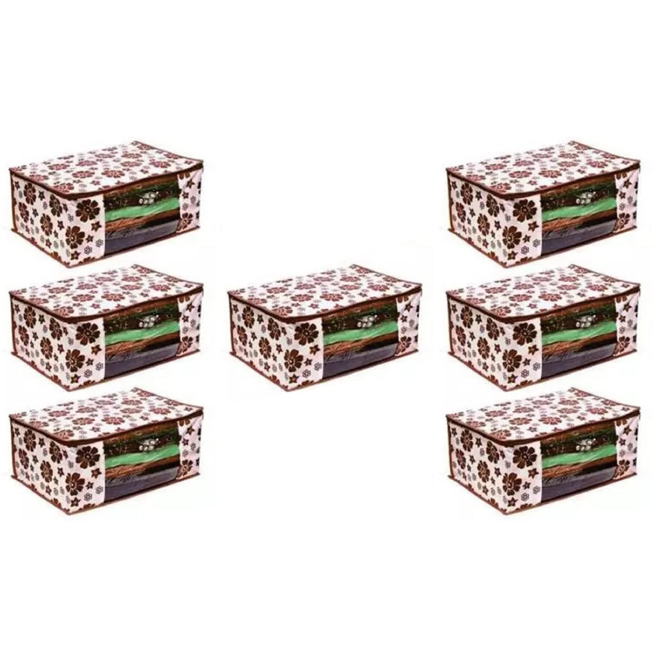 Acnos Premium Brand Metalic Brown Flower Design Brown Chain 12 Piece Non Woven Large Size Saree Cloth Cover Set Pack Of 7