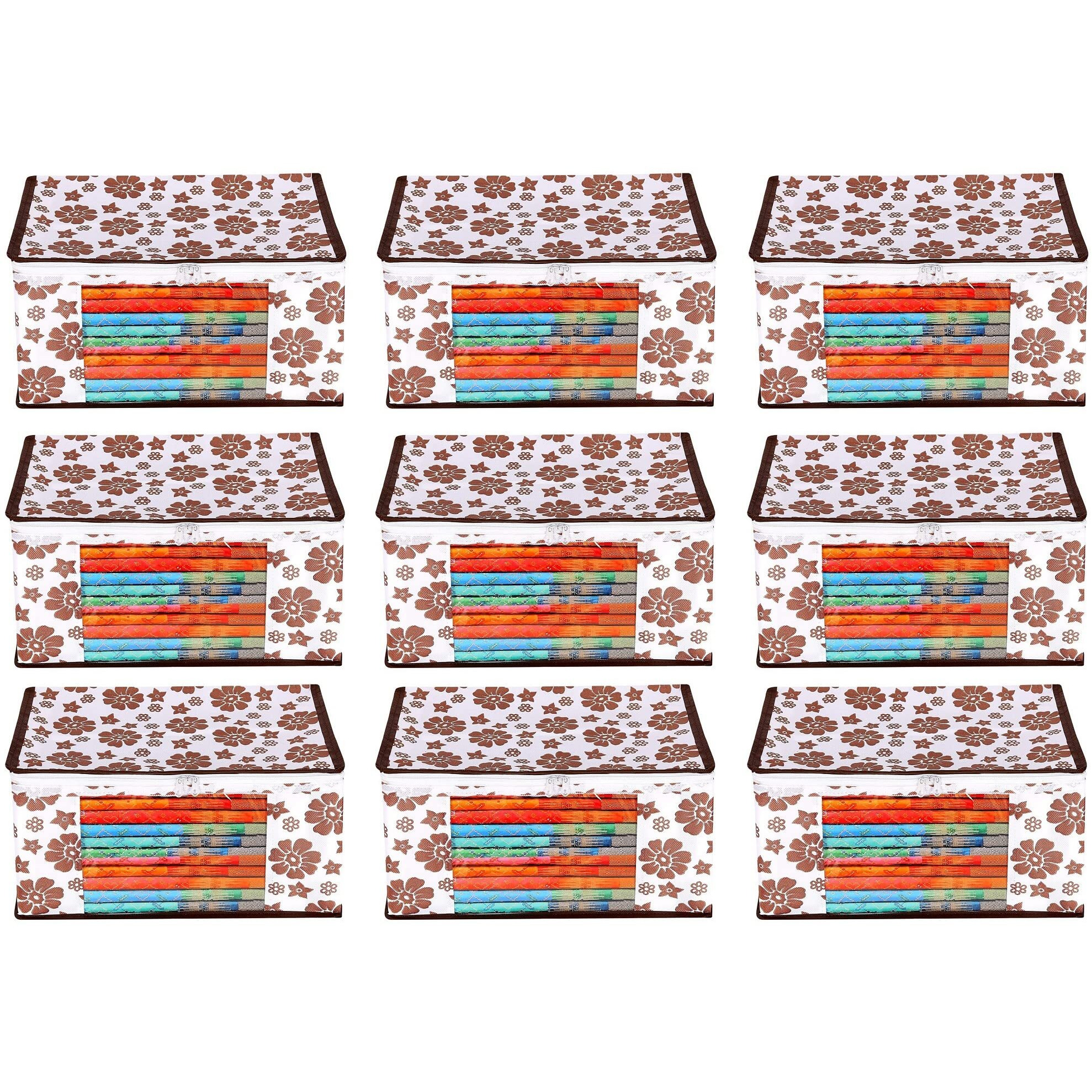 Acnos Premium Brand Metalic Brown Design White Chain 12 Piece Non Woven Large Size Saree Cloth Cover Set Pack Of 9