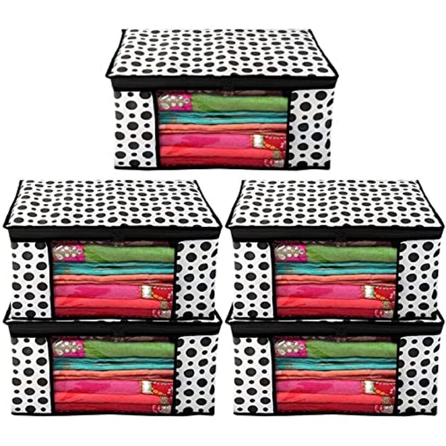 Acnos Premium Brand Metalic Black Design Chain White 5 Piece Non Woven Large Size Saree Cloth Cover Set Pack Of 5 Black And White
