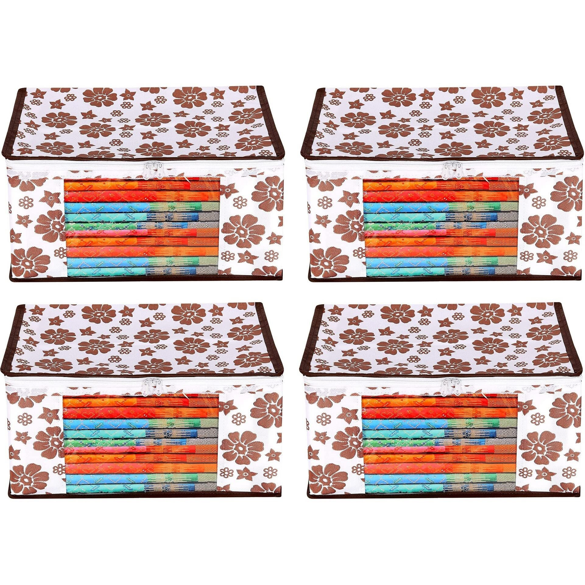 Acnos Premium Brand Metalic Brown Design White Chain 12 Piece Non Woven Large Size Saree Cloth Cover Set Pack Of 4