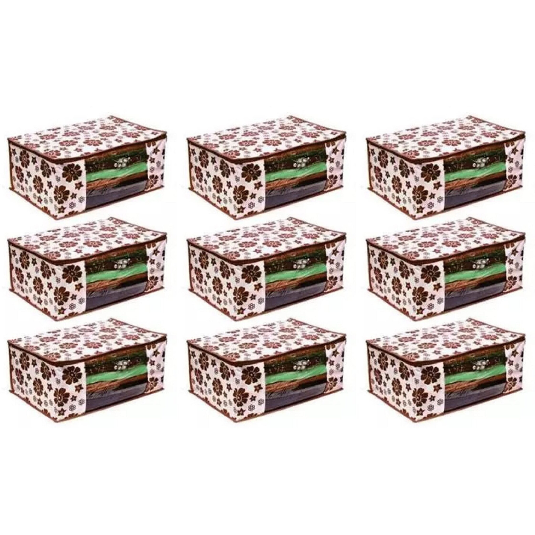 Acnos Premium Brand Metalic Brown Flower Design Brown Chain 12 Piece Non Woven Large Size Saree Cloth Cover Set Pack Of 9