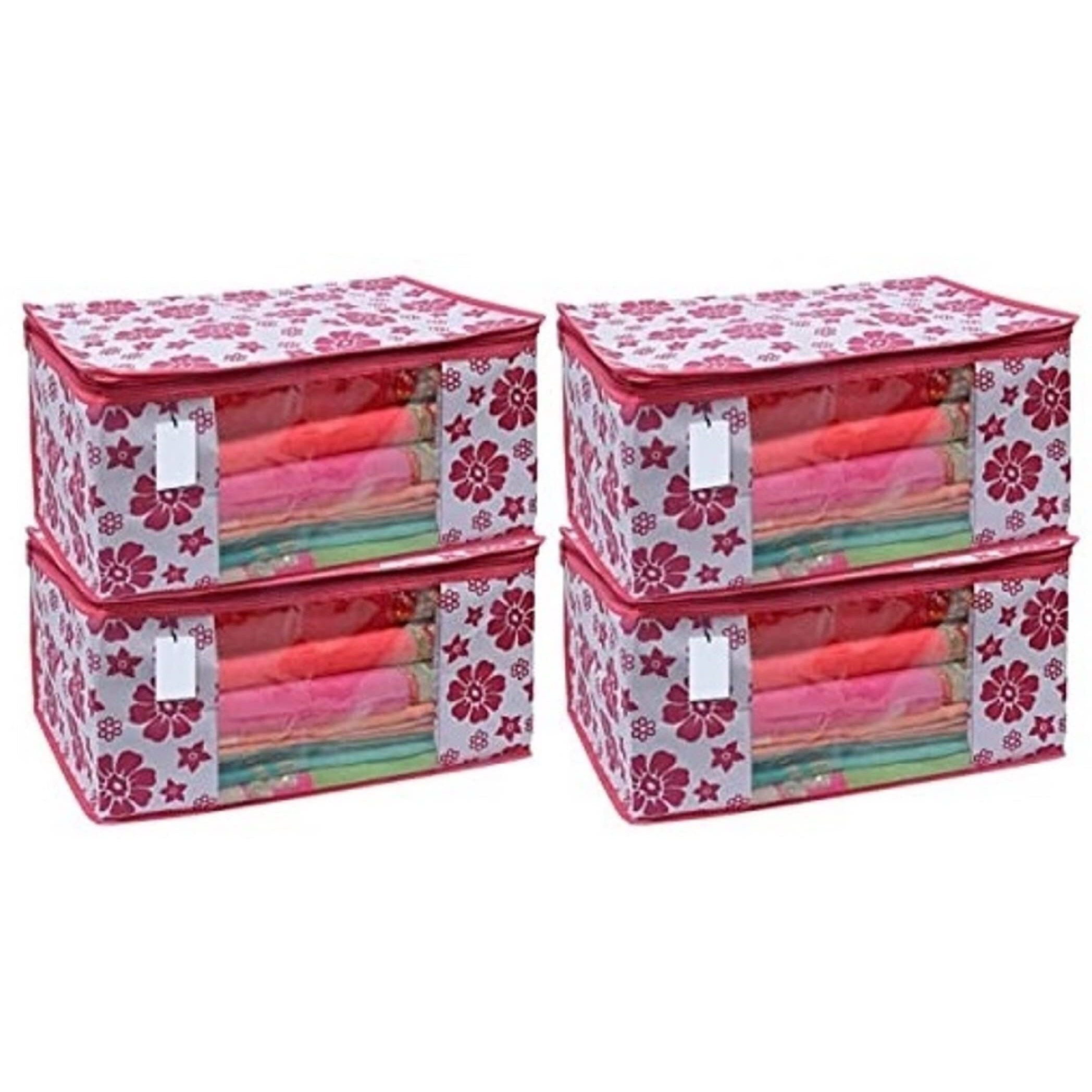 Acnos Premium Brand Metalic Pink Chain Flower Design 4 Piece Non Woven Large Size Saree Cloth Cover Set Pack Of 4 Pink And White