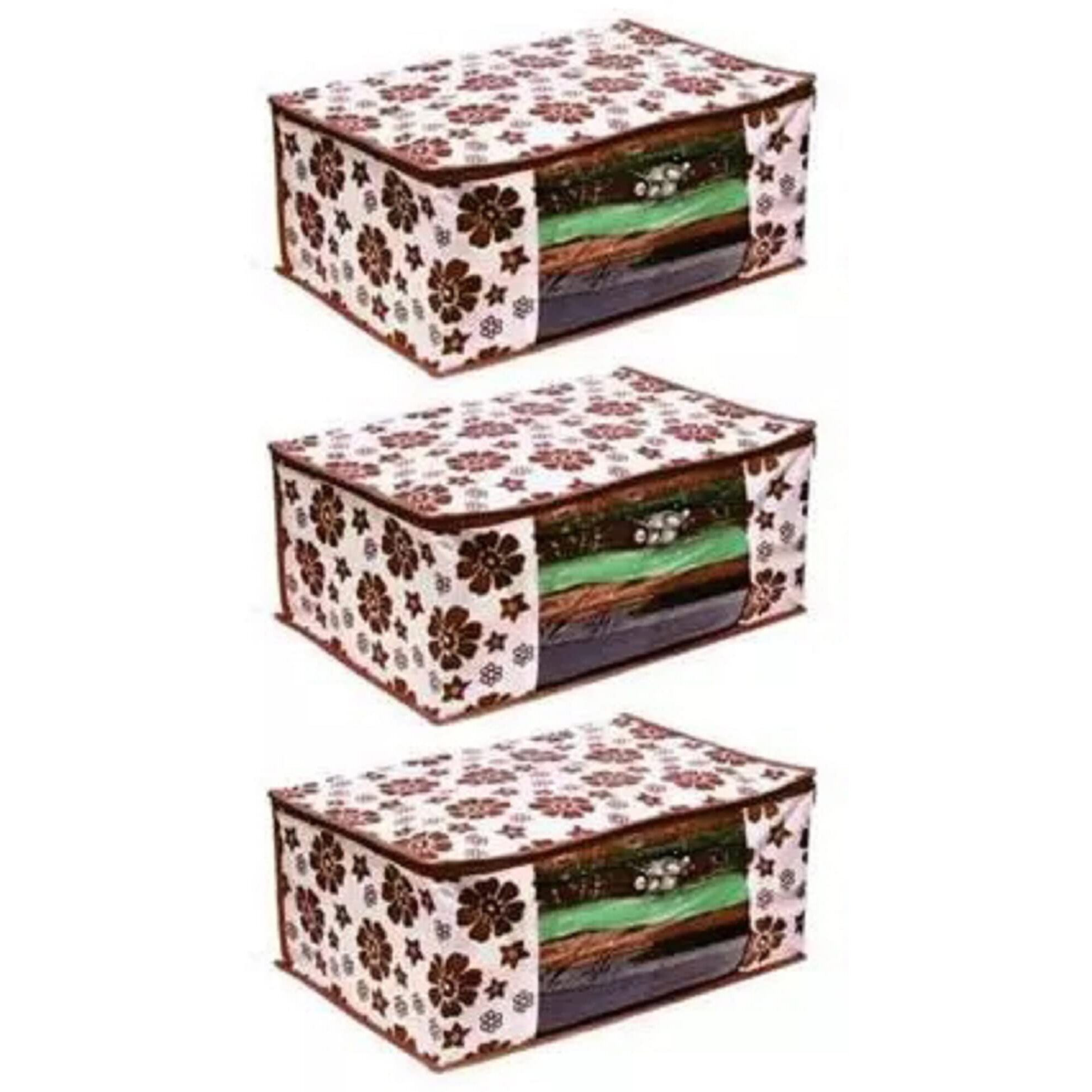 Acnos Premium Brand Metalic Brown Flower Design Brown Chain 12 Piece Non Woven Large Size Saree Cloth Cover Set Pack Of 3