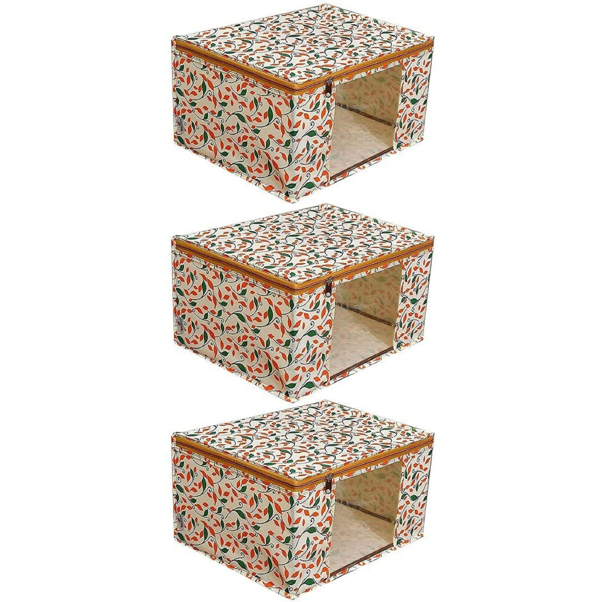 Acnos Premium Brand Metalic Green Orange Beige Design Yellow Chain 12 Piece Non Woven Large Size Saree Cloth Cover Set Pack Of 3