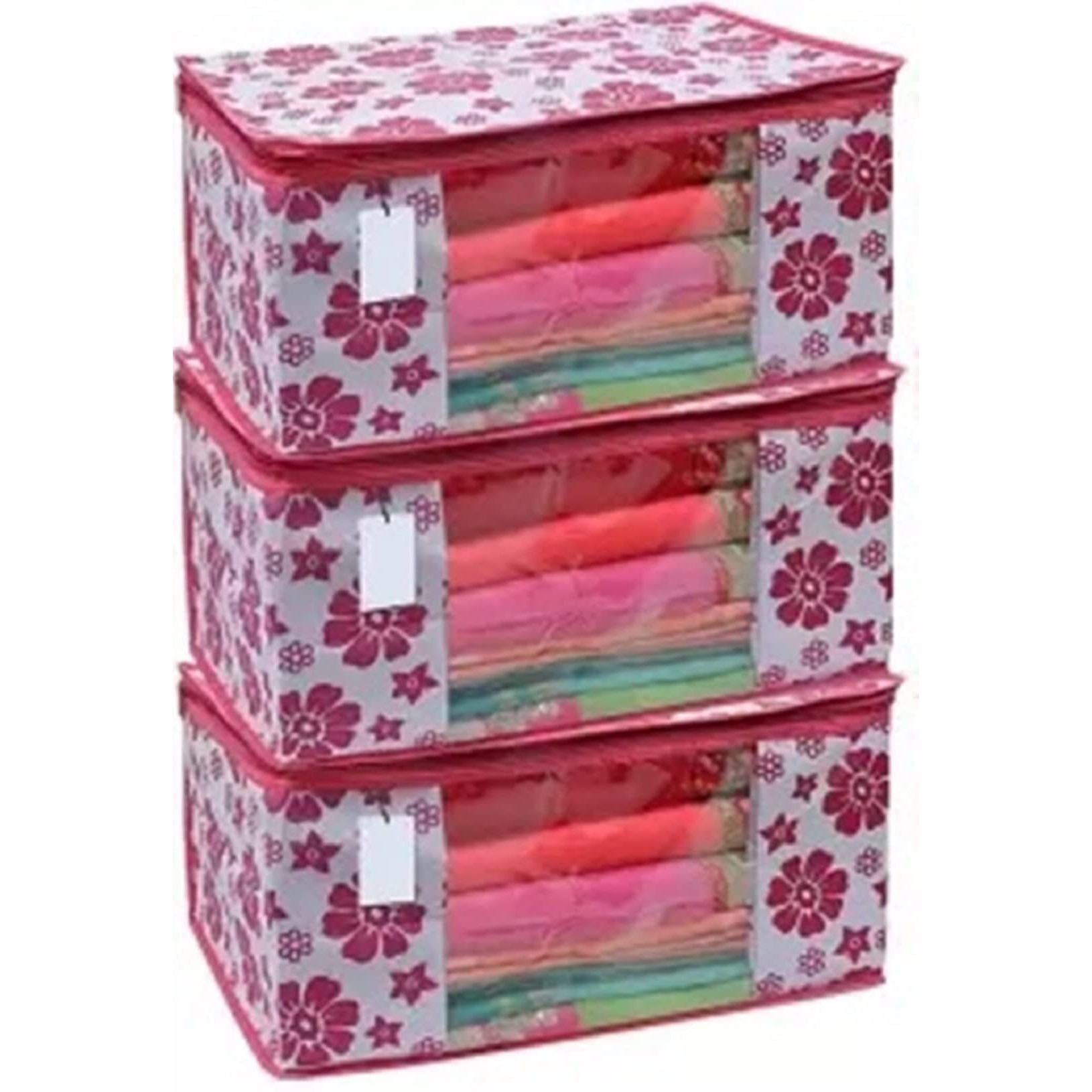 Acnos Premium Brand Metalic Pink Chain Flower Design 3 Piece Non Woven Large Size Saree Cloth Cover Set Pack Of 3 Pink And White