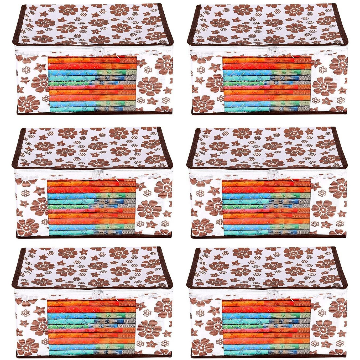 Acnos Premium Brand Metalic Brown Design White Chain 12 Piece Non Woven Large Size Saree Cloth Cover Set Pack Of 6