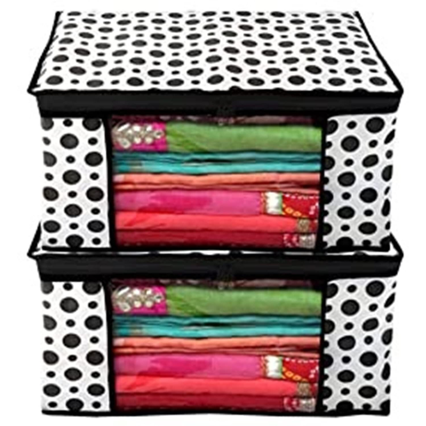 Acnos Premium Brand Metalic Black Design Chain White 2 Piece Non Woven Large Size Saree Cloth Cover Set Pack Of 2 Black And White