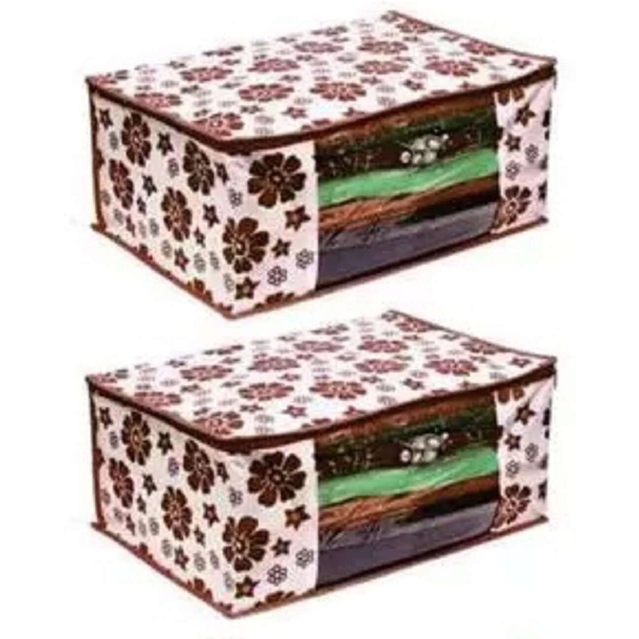 Acnos Premium Brand Metalic Brown Flower Design Brown Chain 12 Piece Non Woven Large Size Saree Cloth Cover Set Pack Of 2