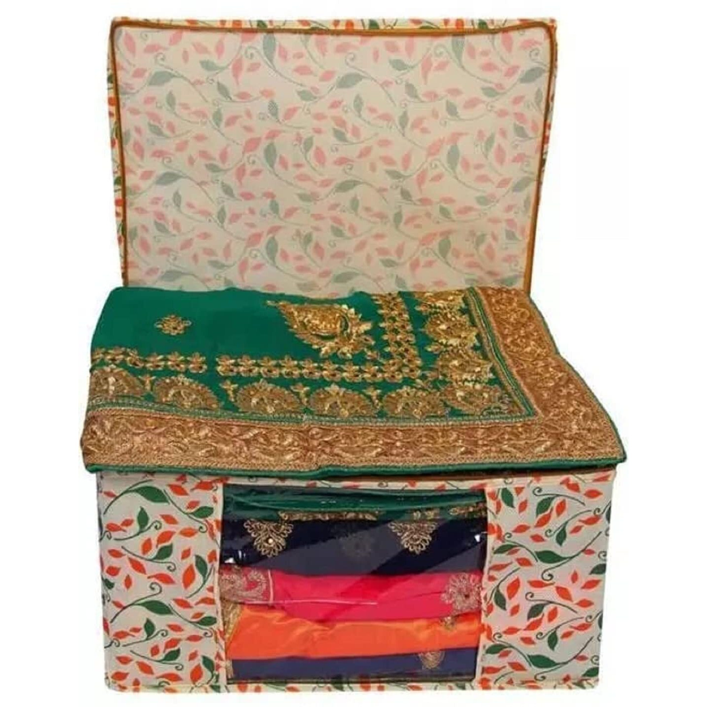 Acnos Non-Woven Premium Brand Metalic Green Orange Beige Design Yellow Chain 12 Piece Non Woven Large Size Saree Cloth Cover Set Pack Of 1