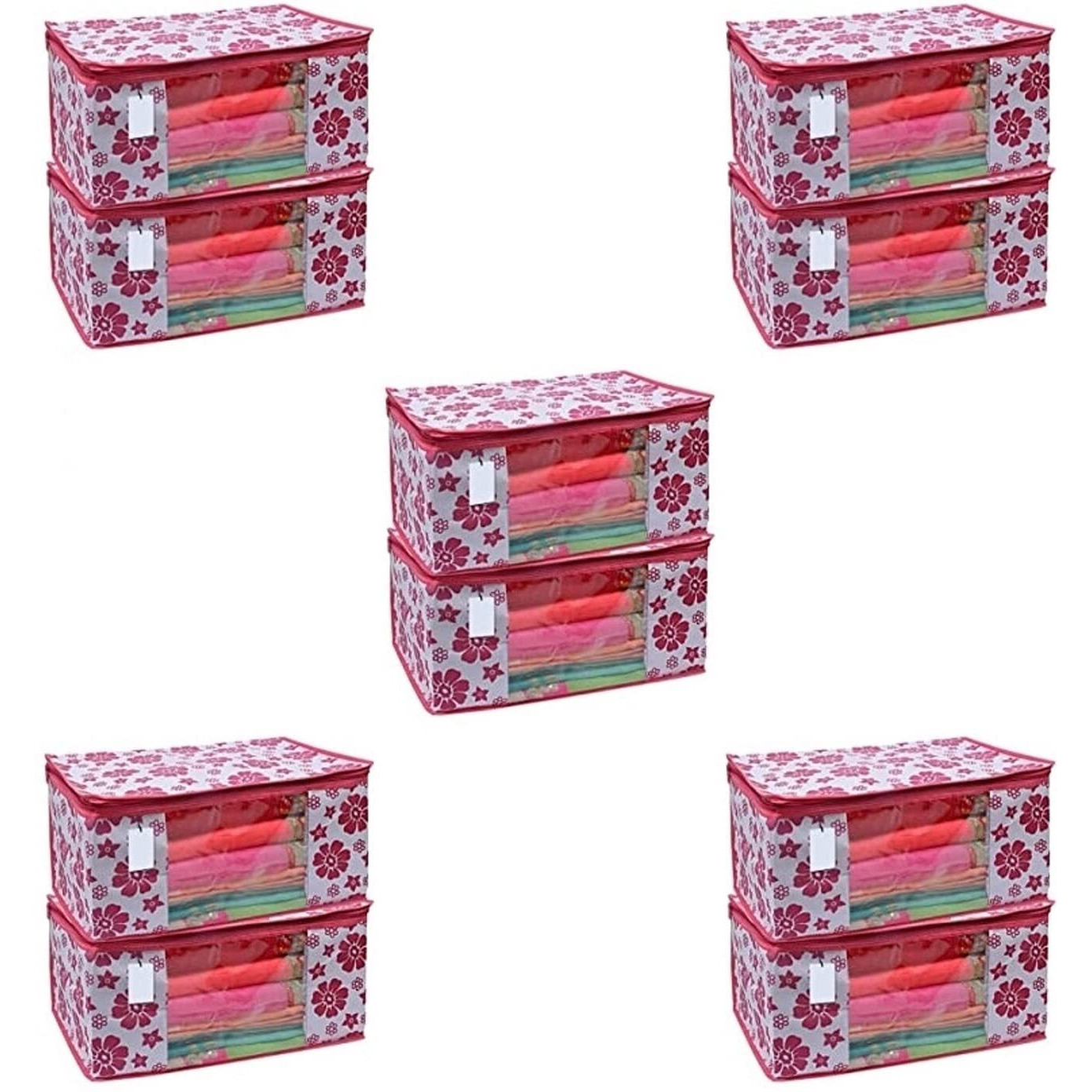 Acnos Premium Brand Metalic Pink Chain Flower Design 10 Piece Non Woven Large Size Saree Cloth Cover Set Pack Of 10 Pink And White