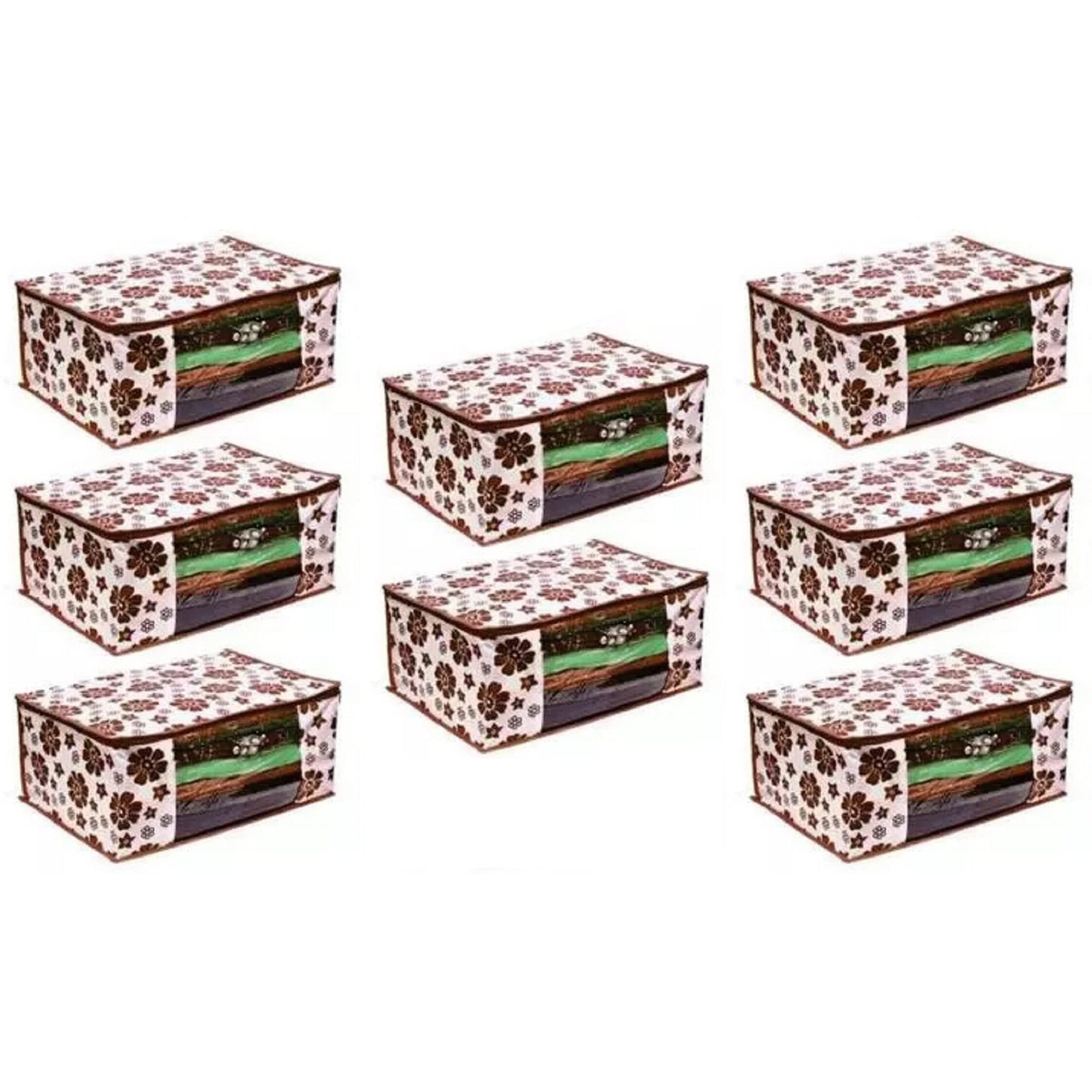 Acnos Premium Brand Metalic Brown Flower Design Brown Chain 12 Piece Non Woven Large Size Saree Cloth Cover Set Pack Of 8
