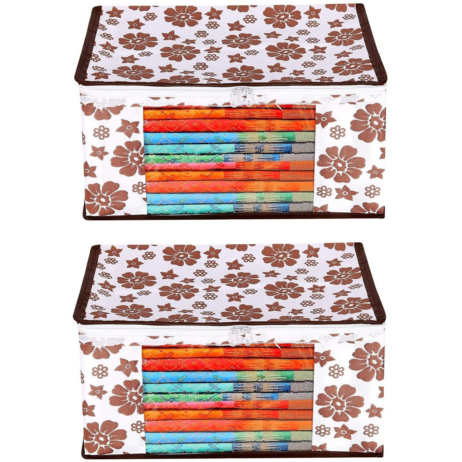 Acnos Premium Brand Metalic Brown Design White Chain 12 Piece Non Woven Large Size Saree Cloth Cover Set Pack Of 2