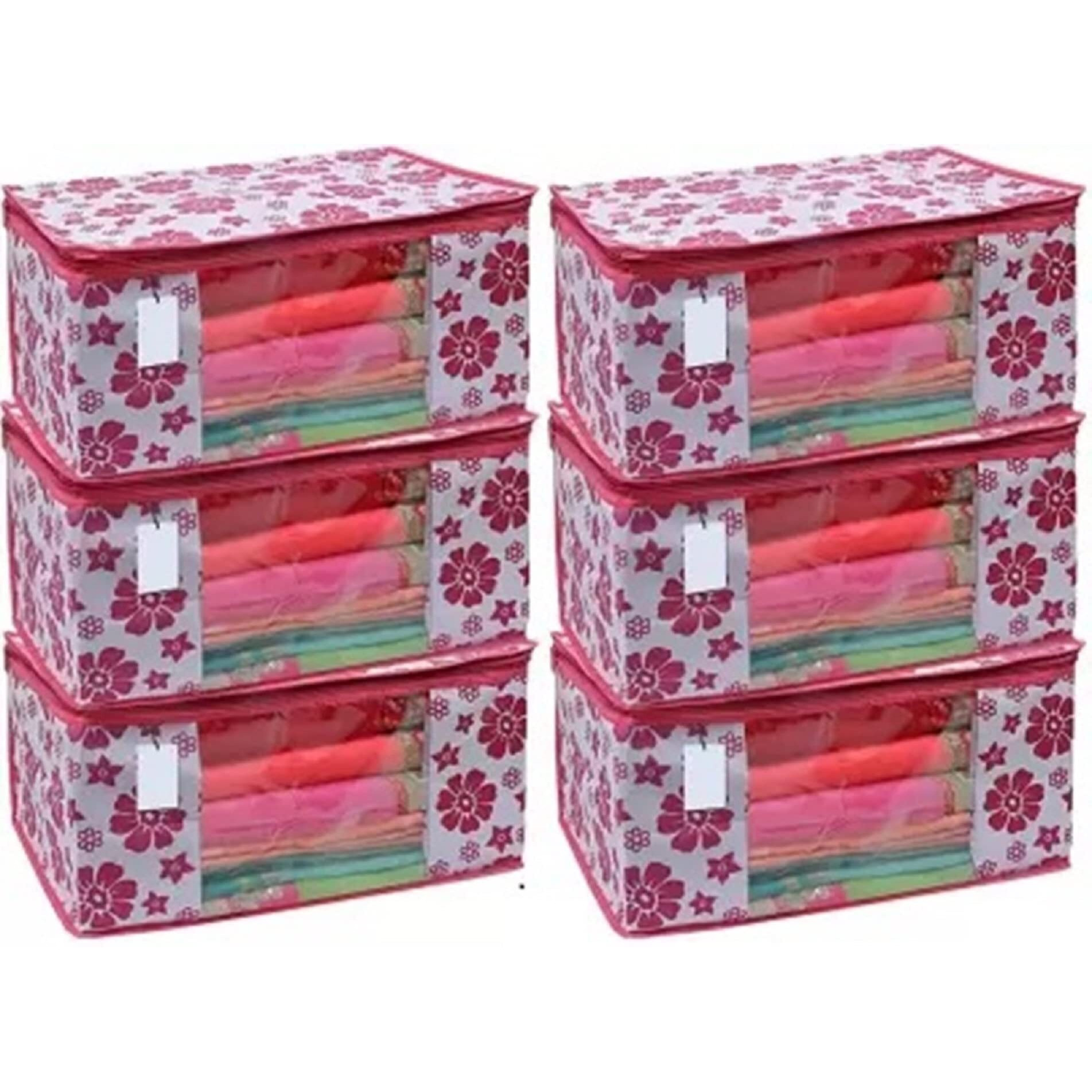Acnos Premium Brand Metalic Pink Chain Flower Design 6 Piece Non Woven Large Size Saree Cloth Cover Set Pack Of 6 Pink And White