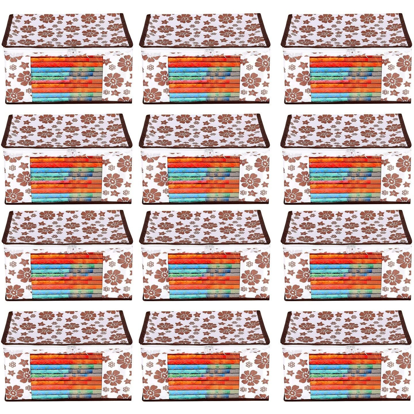 Acnos Premium Brand Metalic Brown Design White Chain 12 Piece Non Woven Large Size Saree Cloth Cover Set Pack Of 12