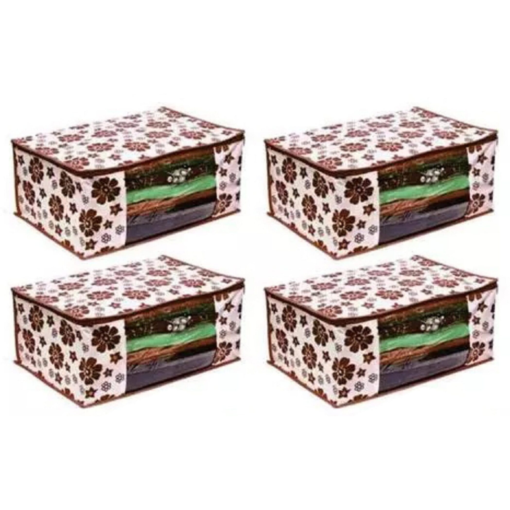Acnos Premium Brand Metalic Brown Flower Design Brown Chain 12 Piece Non Woven Large Size Saree Cloth Cover Set Pack Of 4