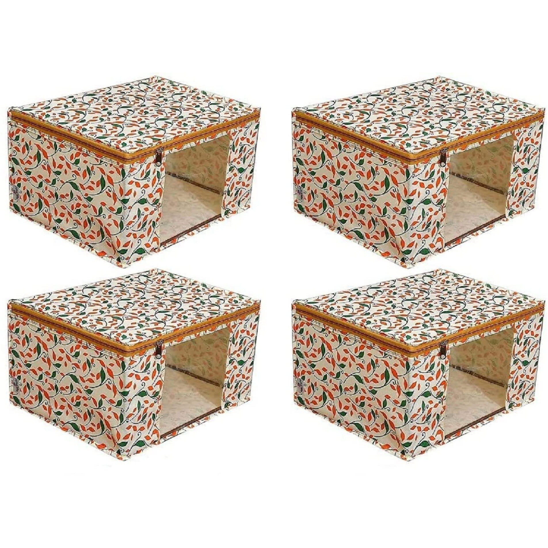 Acnos Premium Brand Metalic Green Orange Beige Design Yellow Chain 12 Piece Non Woven Large Size Saree Cloth Cover Set Pack Of 4