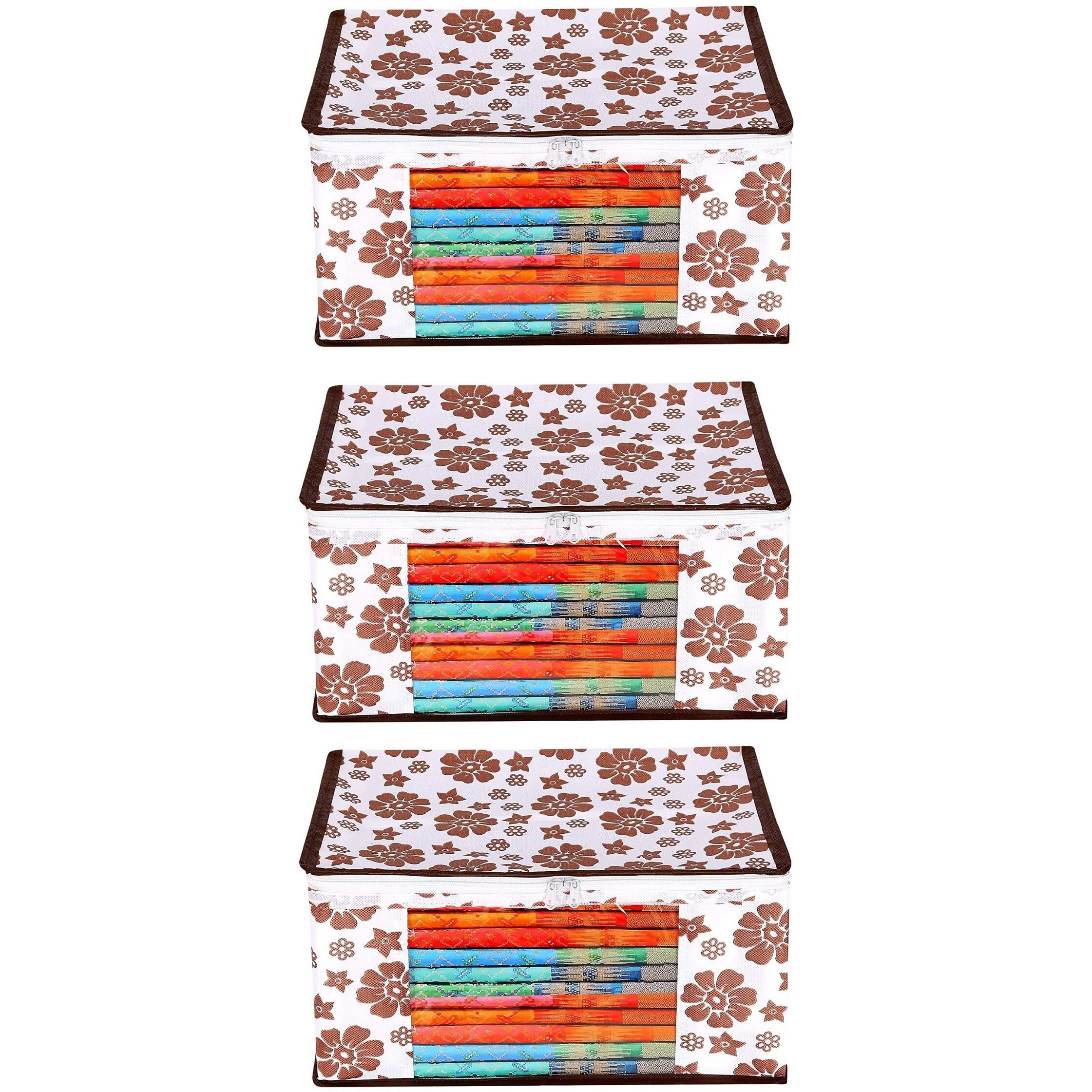 Acnos Premium Brand Metalic Brown Design White Chain 12 Piece Non Woven Large Size Saree Cloth Cover Set Pack Of 3