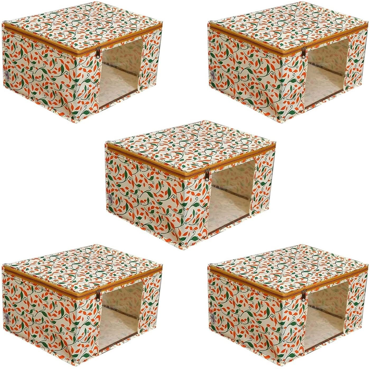Acnos Non-Woven Premium Brand Metalic Green Orange Beige Design Yellow Chain 12 Piece Non Woven Large Size Saree Cloth Cover Set Pack Of 5