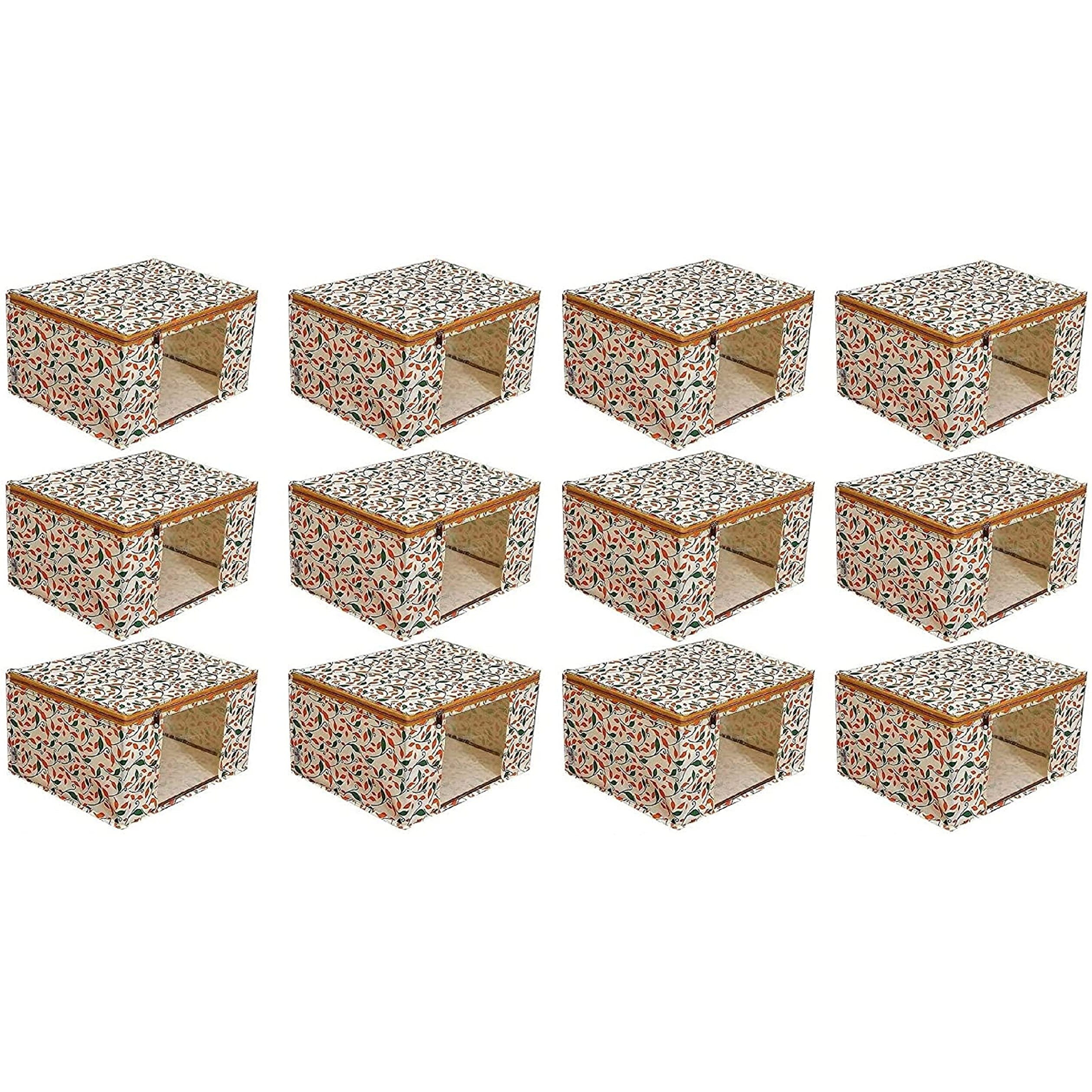 Acnos Non-Woven Premium Brand Metalic Green Orange Beige Design Yellow Chain 12 Piece Non Woven Large Size Saree Cloth Cover Set Pack Of 12
